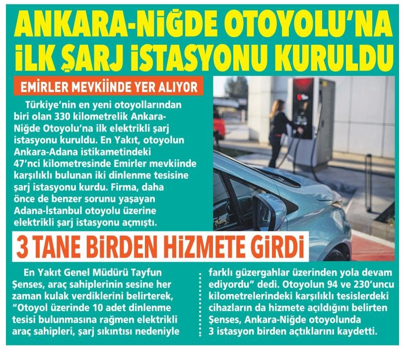 ANKARA-NİĞDE OTOYOLU'NA İLK ŞARJ İSTASYONU KURULDU